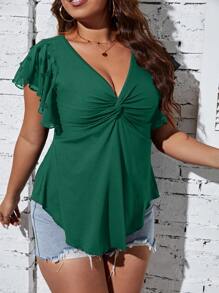 Calvaya Plus Twist Front Butterfly Sleeve Curved Hem Tee - Green - View 5