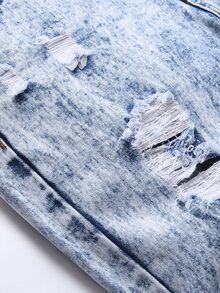 Men Ripped Frayed Bleach Wash Jeans - Light Wash - View 5