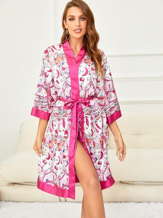 植物圖案拼接邊腰帶緞面睡袍