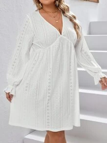 SHEIN VCAY Plus Eyelet Embroidery Flounce Sleeve Dress - White - View 7