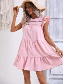 Breezaya 水溶蕾絲拼接荷葉邊荷葉邊娃娃裙 - 粉色 - 查看 3