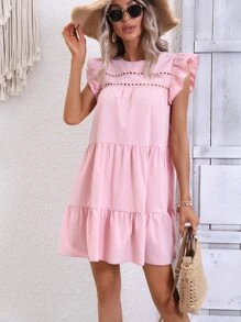 Breezaya 水溶蕾絲拼接荷葉邊荷葉邊娃娃裙 - 粉色 - 查看 4