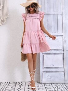 Breezaya 水溶蕾絲拼接荷葉邊荷葉邊娃娃裙 - 粉色 - 查看 6