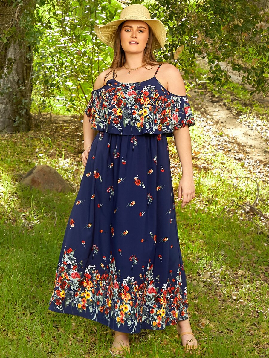 SHEIN VCAY Plus Floral Print Cold Shoulder Ruffle Trim Dress - Navy Blue - View 1