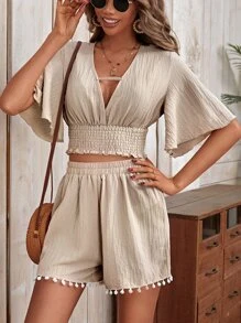 SHEIN VCAY de manga mariposa Top crop & Shorts - Caqui - Ver 1