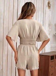 SHEIN VCAY de manga mariposa Top crop & Shorts - Caqui - Ver 2