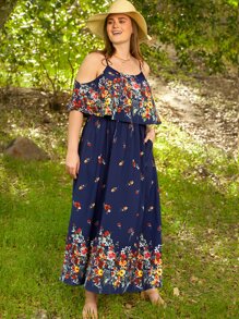 SHEIN VCAY Plus Floral Print Cold Shoulder Ruffle Trim Dress - Navy Blue - View 2