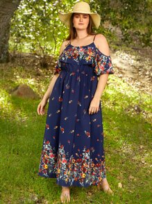 SHEIN VCAY Plus Floral Print Cold Shoulder Ruffle Trim Dress - Navy Blue - View 3