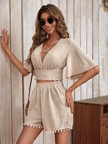 SHEIN VCAY de manga mariposa Top crop & Shorts - Caqui - Ver 5