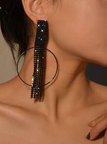 Rhinestone Tassel Drop Earrings - Black - View 1