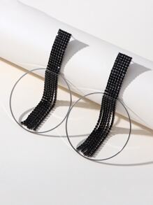 Rhinestone Tassel Drop Earrings - Black - View 2