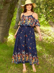 SHEIN VCAY Plus Floral Print Cold Shoulder Ruffle Trim Dress - Navy Blue - View 5