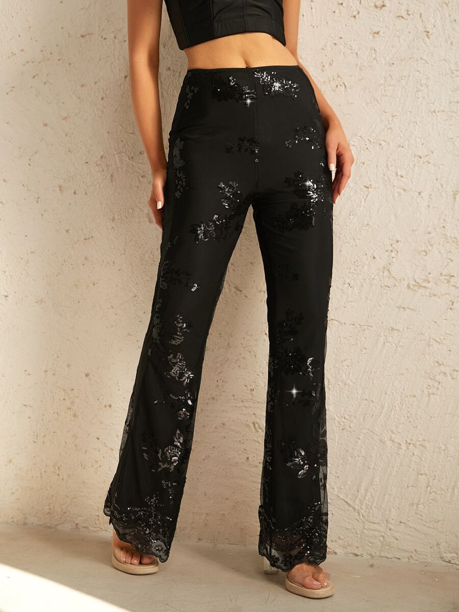 D&M Contrast Sequin Split Hem Flare Leg Trousers - Black - View 1