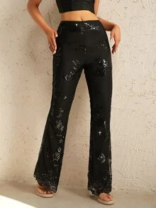 D&M Contrast Sequin Split Hem Flare Leg Trousers - Black - View 6