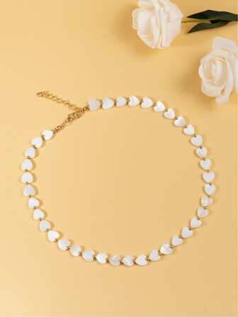 1入組歐美風格女士時尚貝殼和釘珠心形墜飾項鍊,適用於日常穿著