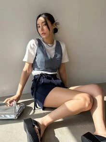 DAZY Top de tirantes crop de rayas con cremallera trasera sin camiseta - Azul Marino - Ver 5