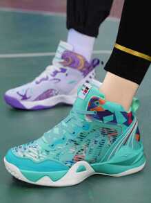 籃球鞋男士隨機鴛鴦撞色幾何樣式繫帶運動鞋 - 彩色 - 查看 1