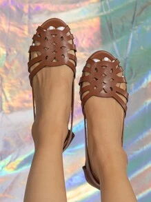 優雅平底涼鞋適用於女士魚嘴剪裁設計一腳蹬涼鞋 - 棕色 - 查看 6