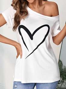 SHEIN LUNE Áo thun nữ Bất đối xứng Tim Giải trí - trắng - Xem 1