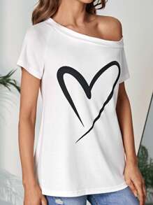 SHEIN LUNE Áo thun nữ Bất đối xứng Tim Giải trí - trắng - Xem 3
