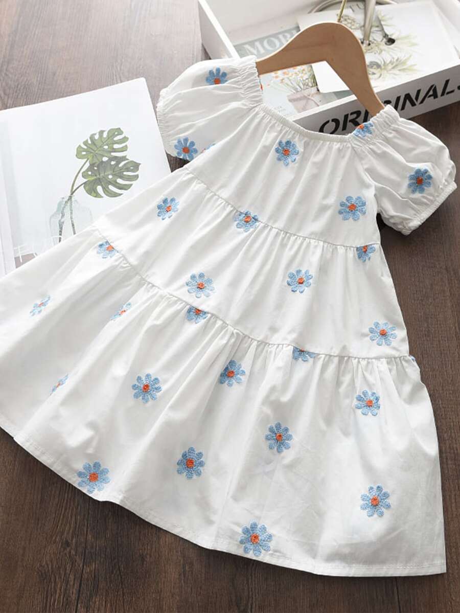 小女童花卉刺繡荷葉邊娃娃裙 - 白色 - 查看 1