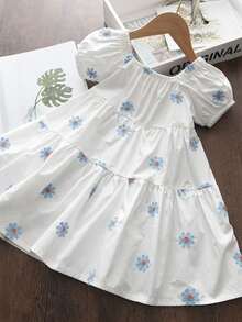 小女童花卉刺繡荷葉邊娃娃裙 - 白色 - 查看 2