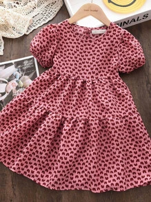 Young Girls' Heart Print Bubble Sleeve Dress - Pink - View 1
