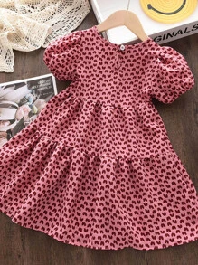 Young Girls' Heart Print Bubble Sleeve Dress - Pink - View 2