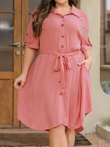 SHEIN LUNE Vestido camisero de hombros caídos con cinturón - Rosa coral - Ver 4