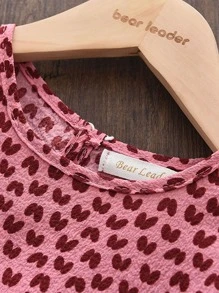 Young Girls' Heart Print Bubble Sleeve Dress - Pink - View 5