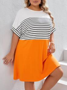 SHEIN VCAY Plus Striped Print Batwing Sleeve Dress - Multicolor - View 1