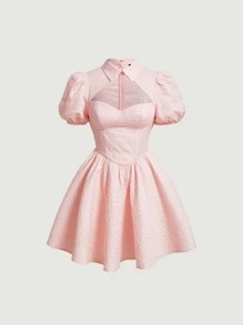 SHEIN MOD Solid Cut Out Front Puff Sleeve Dress - Baby Pink - View 1
