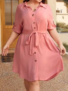 SHEIN LUNE Vestido camisero de hombros caídos con cinturón - Rosa coral - Ver 1