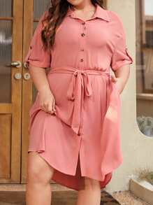 SHEIN LUNE Vestido camisero de hombros caídos con cinturón - Rosa coral - Ver 3