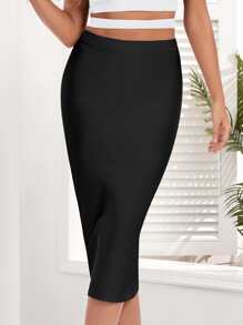 Zipper Back Split Hem Pencil Skirt