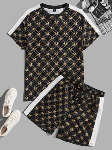 Manfinity ModaGents Men Letter Graphic Contrast Side Seam Short Sleeve Tee & Shorts, Vintage