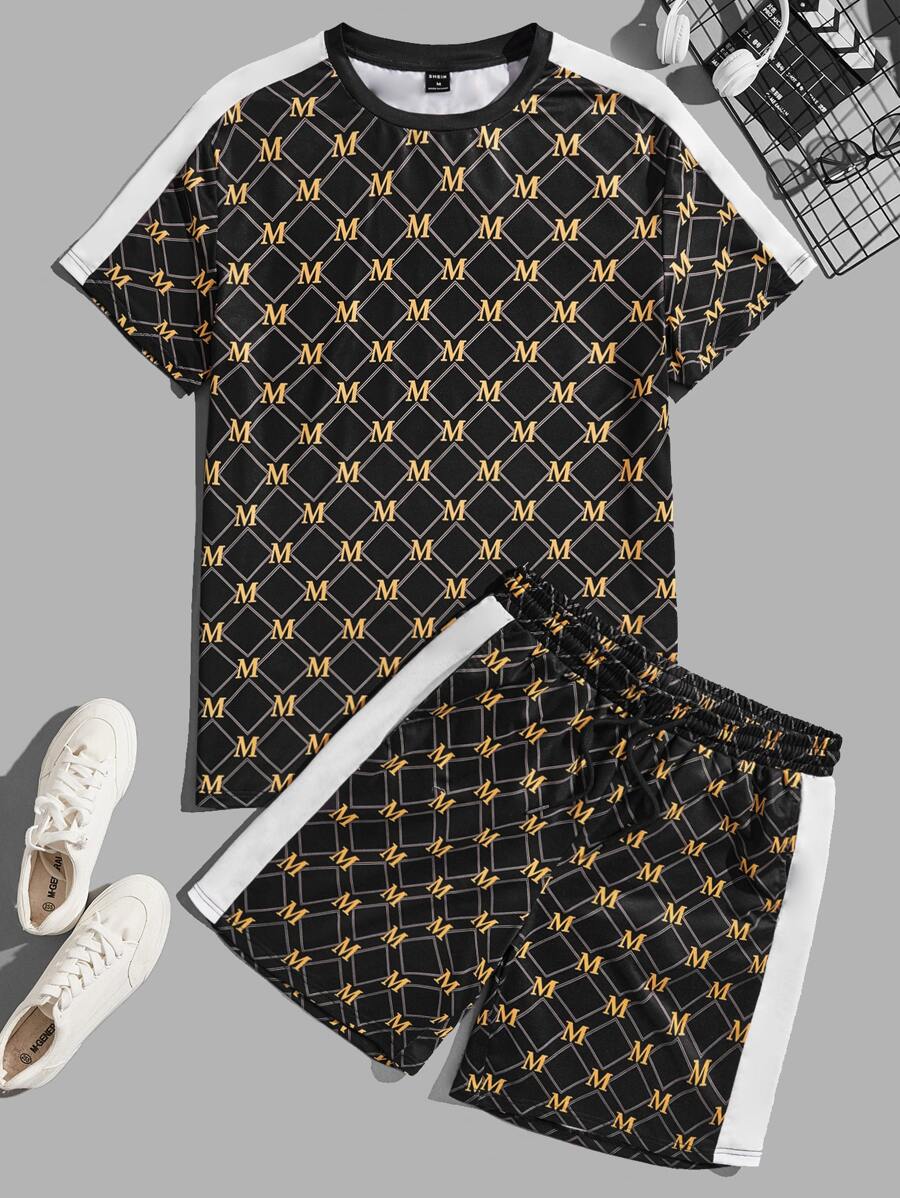 Manfinity ModaGents Men Letter Graphic Contrast Side Seam Short Sleeve Tee & Shorts, Vintage
