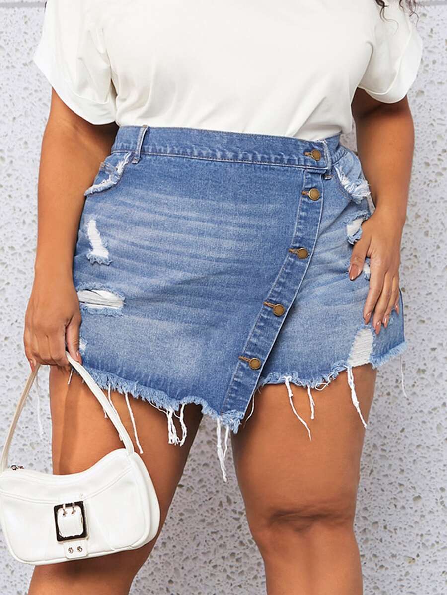 SHEIN CURVE+ Plus Button Fly Ripped Raw Trim Denim Skort - Medium Wash - View 1