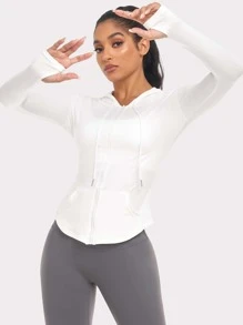 VUTRU Chất rắn Thả vai áo có mũ Jacket thể thao Nén Áo sơ mi - trắng - Xem 3