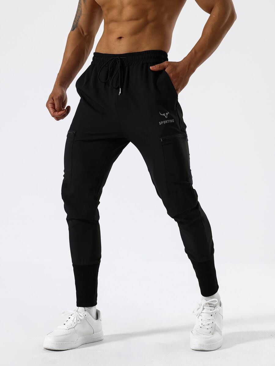 Manfinity Sport Streetwear Men Letter Graphic Drawstring Waist Sports Trousers - Black - View 1