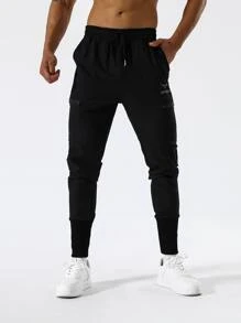 Manfinity Sport Streetwear Men Letter Graphic Drawstring Waist Sports Trousers - Black - View 4
