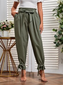 SHEIN Essnce Plus Paperbag Waist Knot Hem Belted Trousers - Army Green - View 1