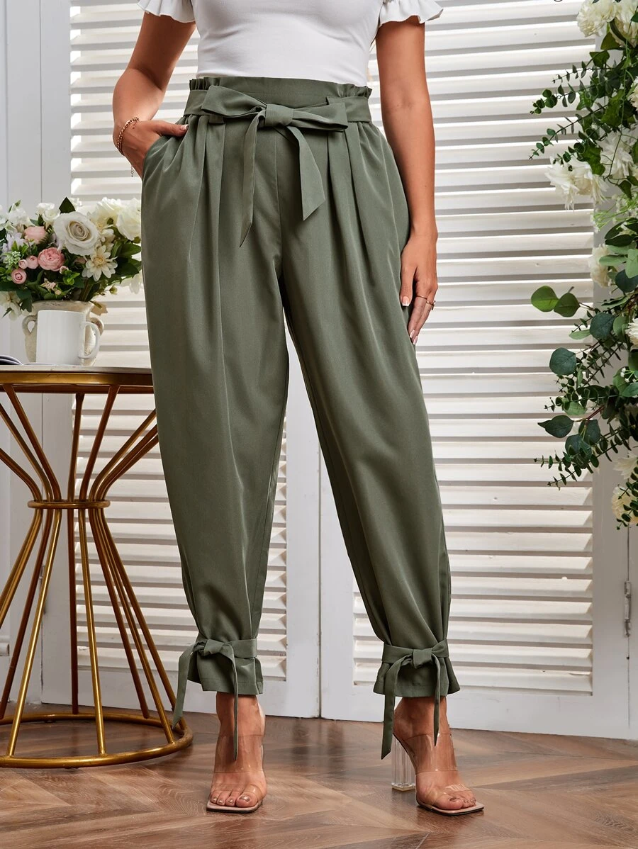 SHEIN Essnce Plus Paperbag Waist Knot Hem Belted Trousers - Army Green - View 1