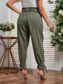 SHEIN Essnce Plus Paperbag Waist Knot Hem Belted Trousers - Army Green - View 2