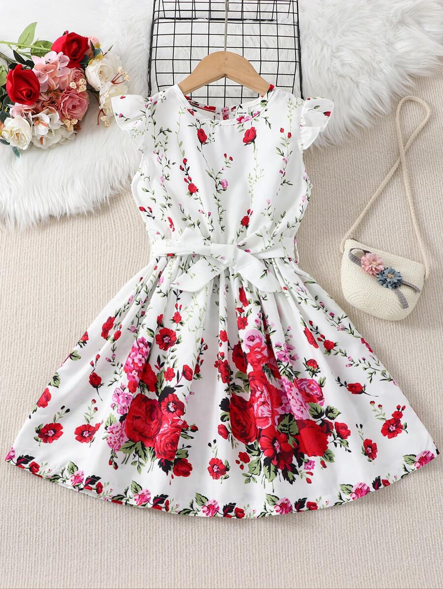 SHEIN Young Girl Floral Print Ruffle Trim Belted Dress - White - View 1