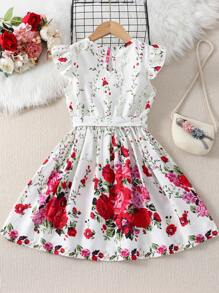 SHEIN Young Girl Floral Print Ruffle Trim Belted Dress - White - View 2