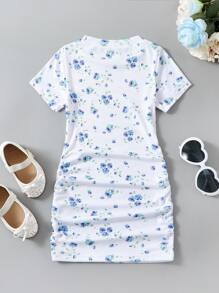 SHEIN Young Girl Round Neck Printed Short Sleeve Waist Cinched Hip-Hugging Dress - White - View 2