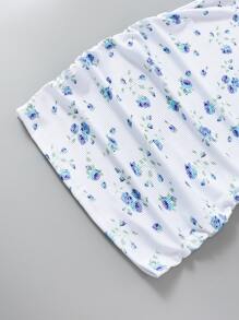 SHEIN Young Girl Round Neck Printed Short Sleeve Waist Cinched Hip-Hugging Dress - White - View 3