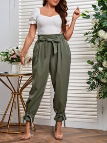 SHEIN Essnce Plus Paperbag Waist Knot Hem Belted Trousers - Army Green - View 5
