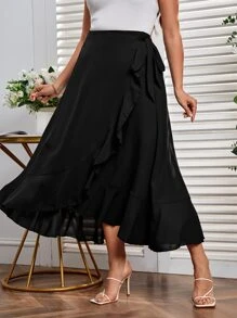 SHEIN Privé Falda ribete con fruncido con cordón lateral bajo cruzado - Negro - Ver 1